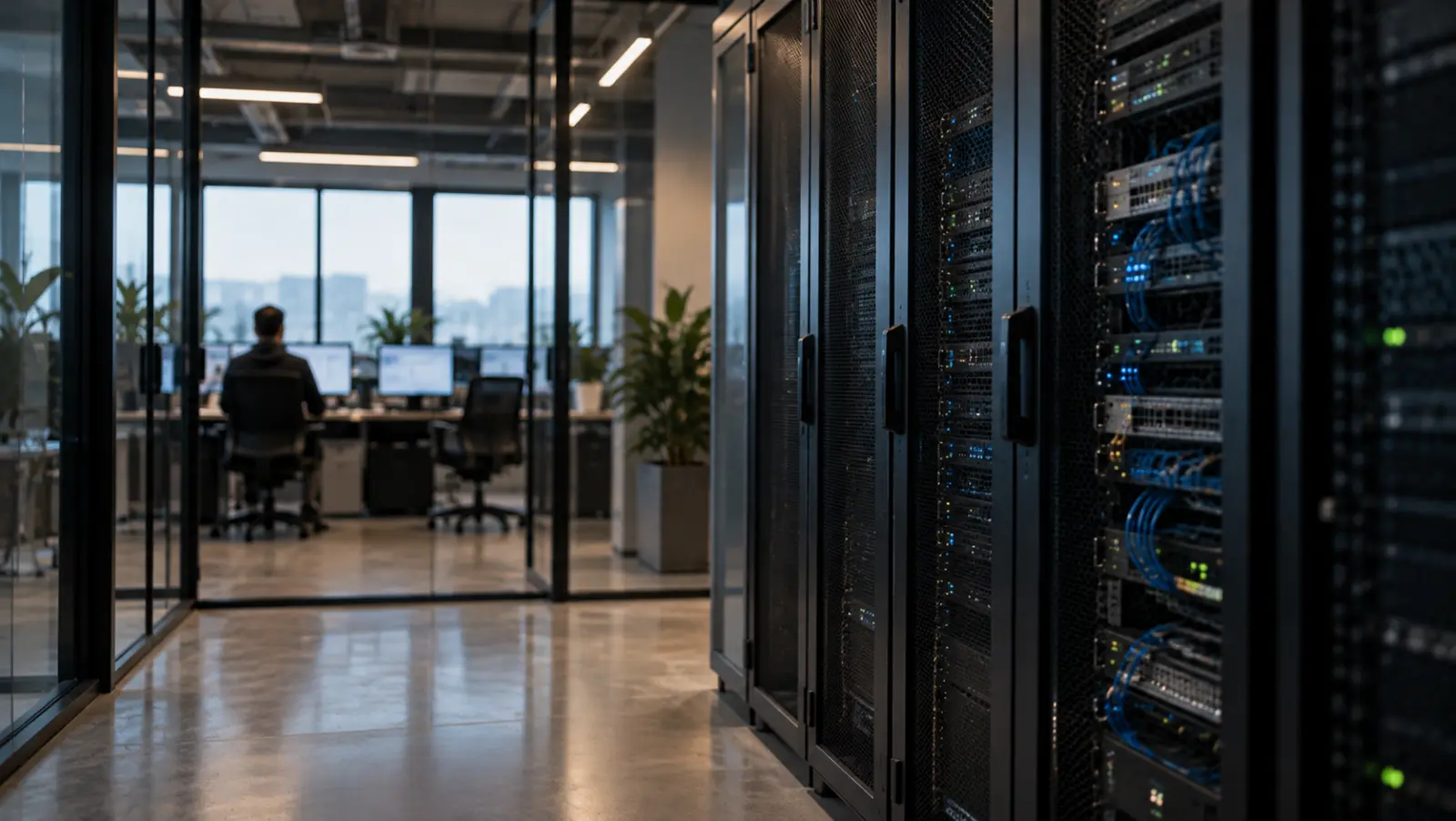 Server racks in a modern office building